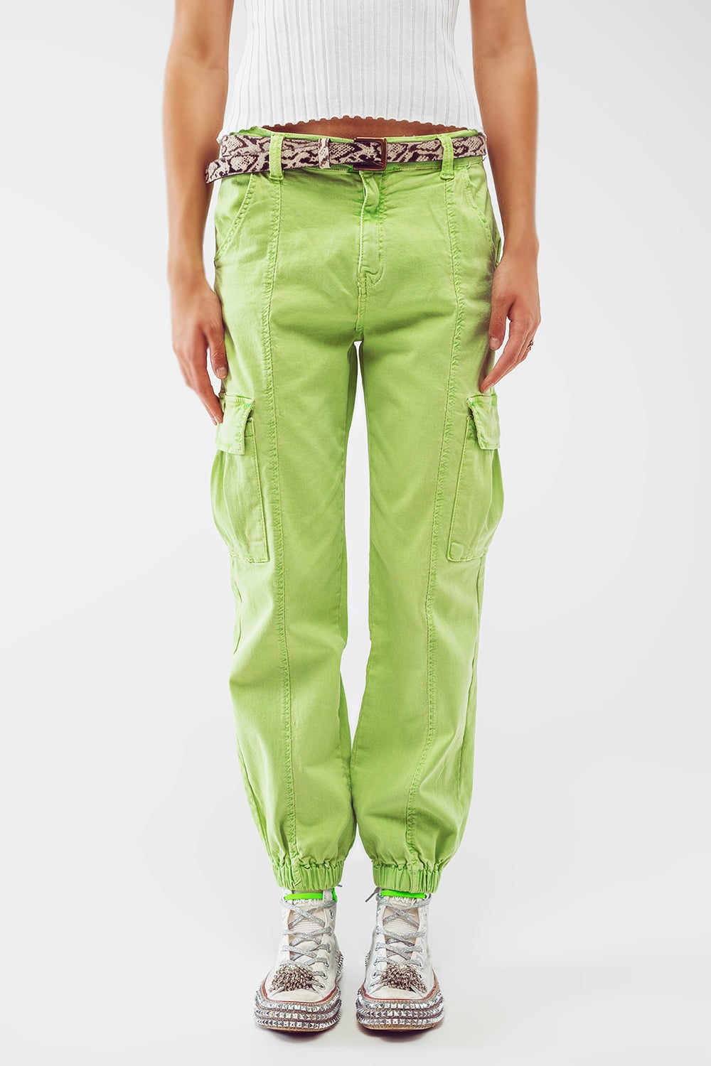 Pantalon cargo vert menthe avec taille et ourlet élastiques