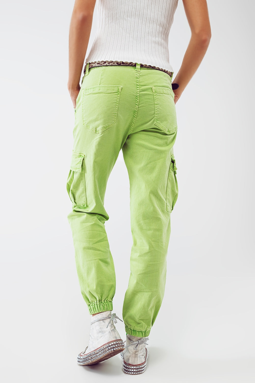 Pantalon cargo vert menthe avec taille et ourlet élastiques