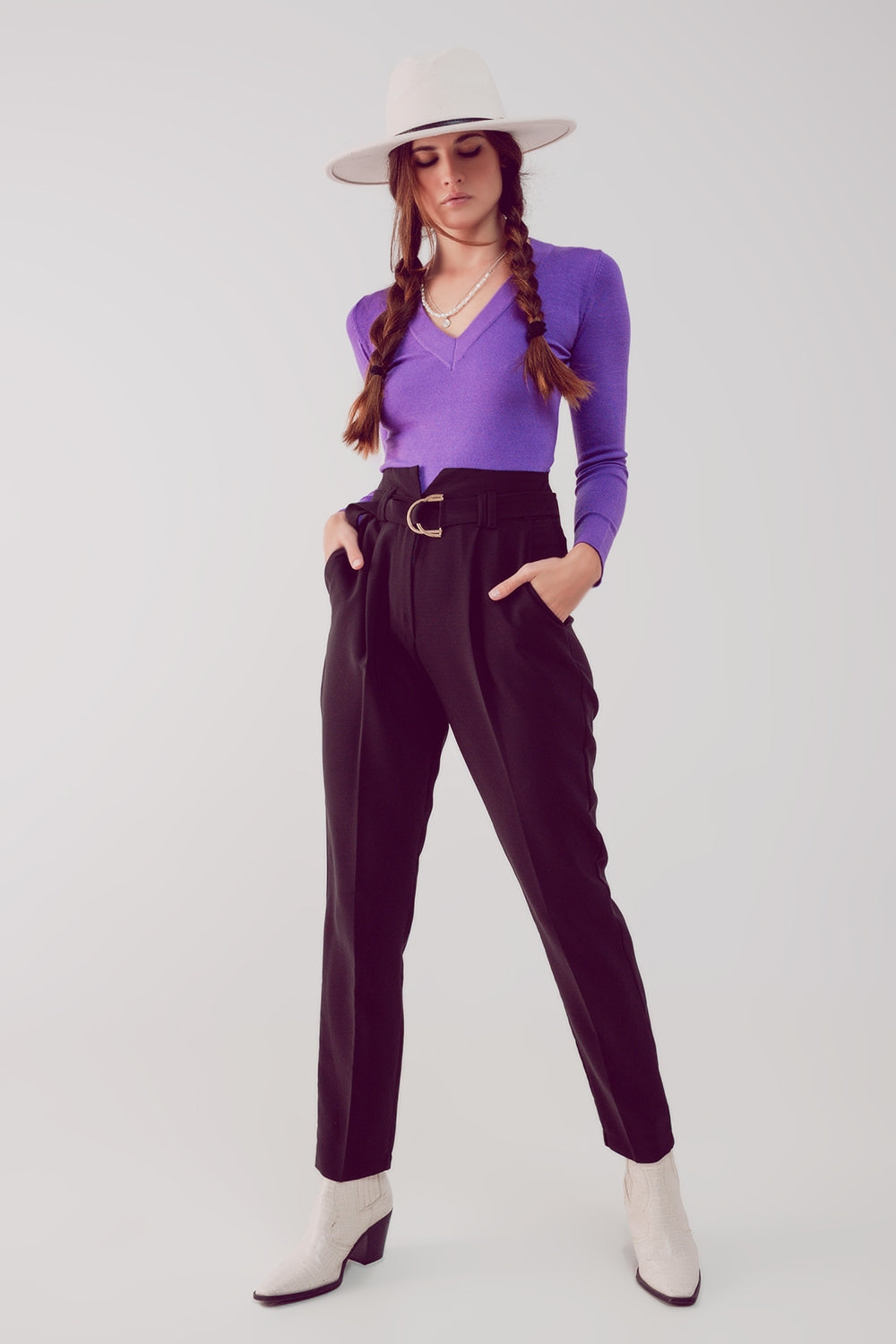 Pantalon cigarette avec taille haute froncée noir