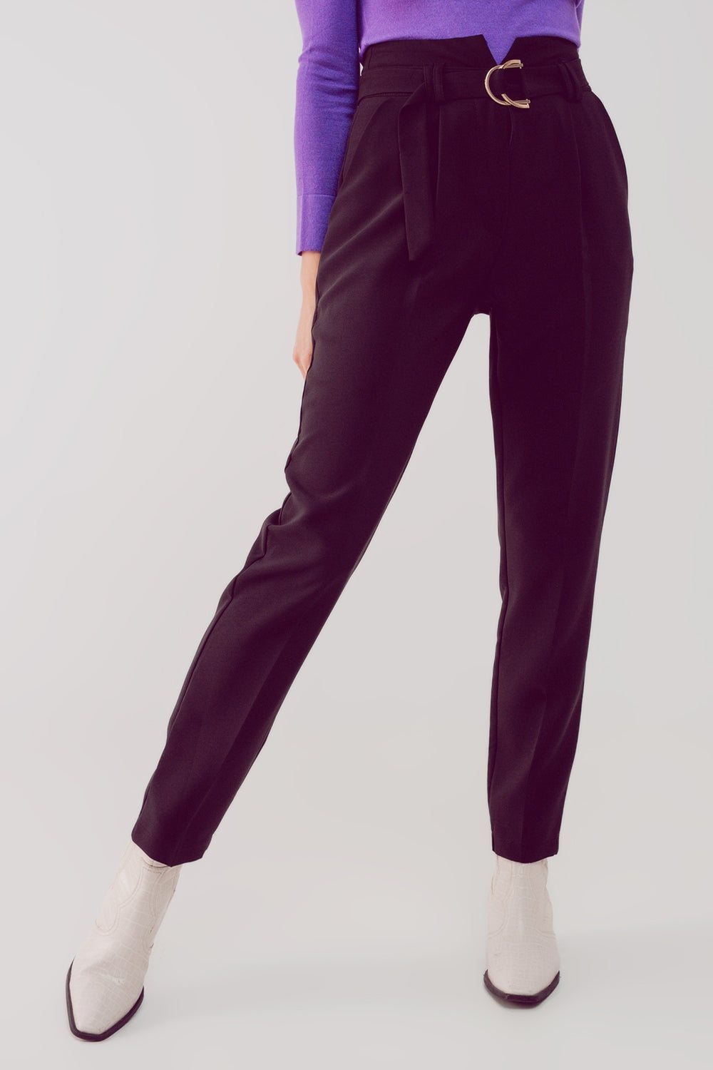 Pantalon cigarette avec taille haute froncée noir