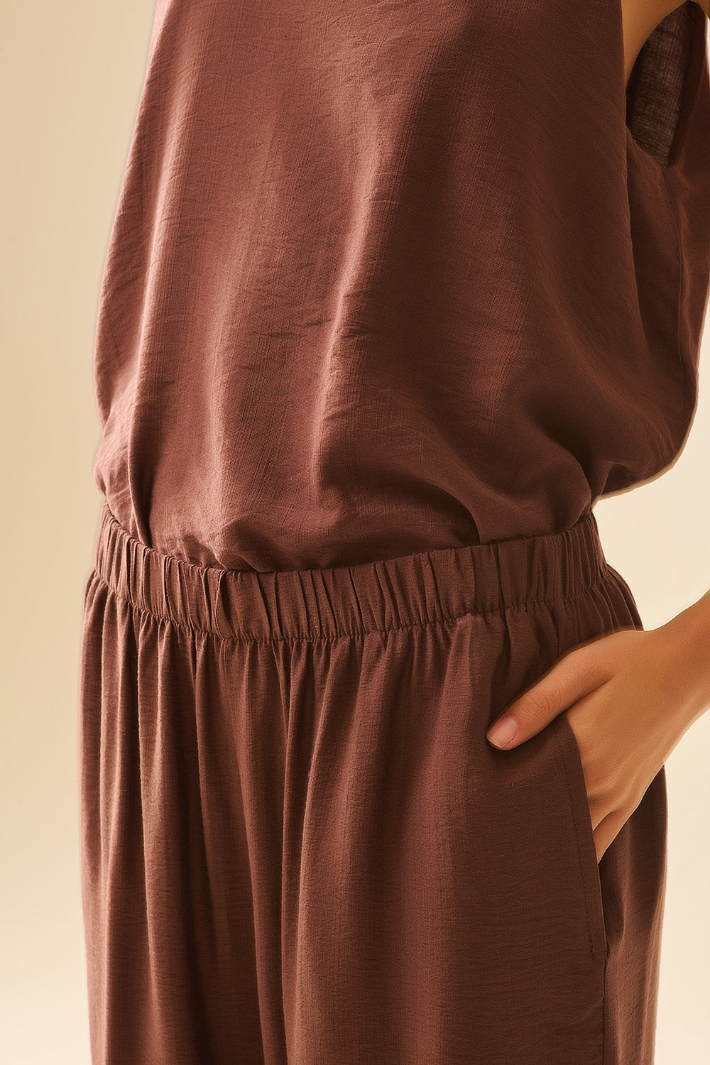 Pantalon d'été à taille élastique et poches en marron