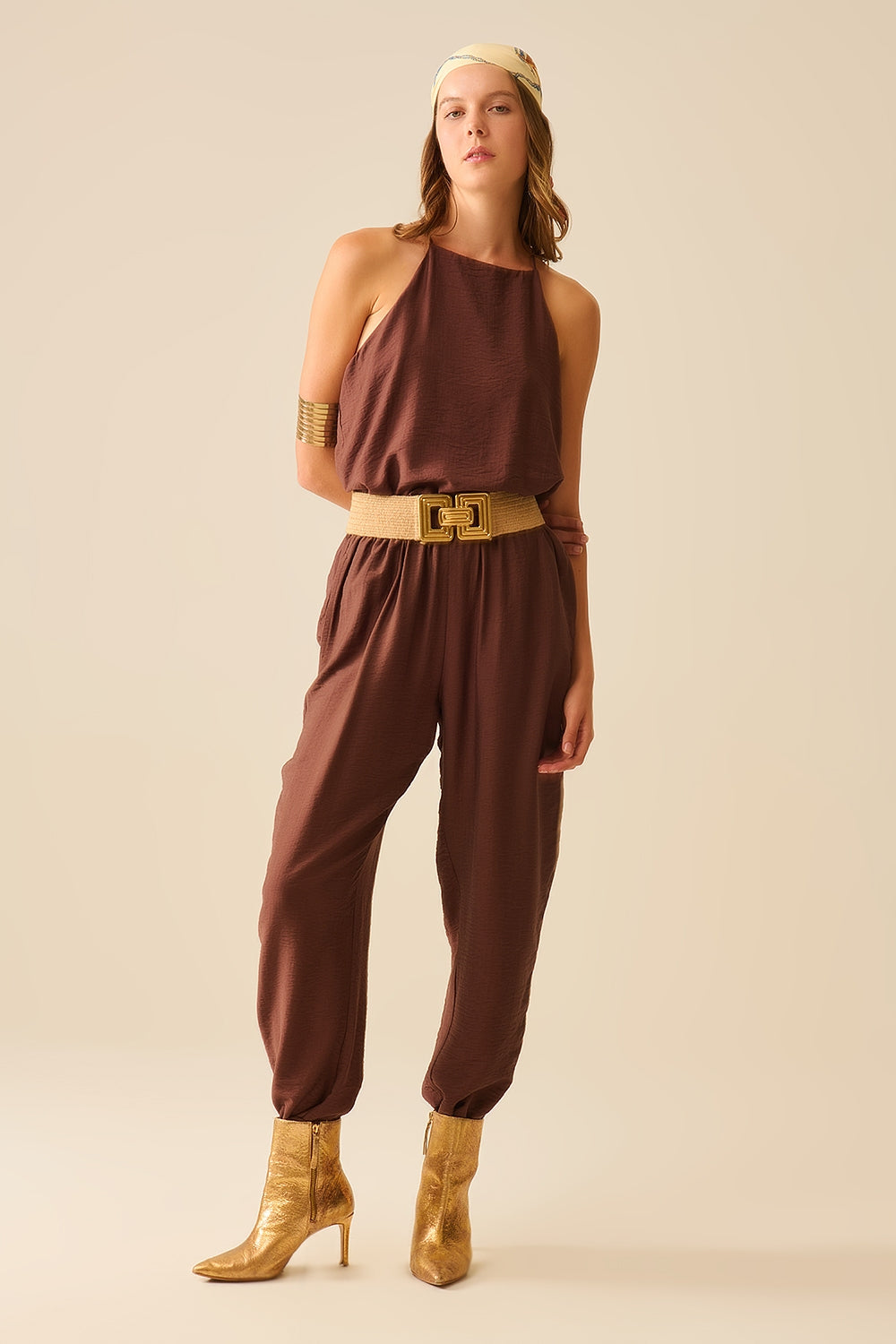 Pantalon d'été à taille élastique et poches en marron