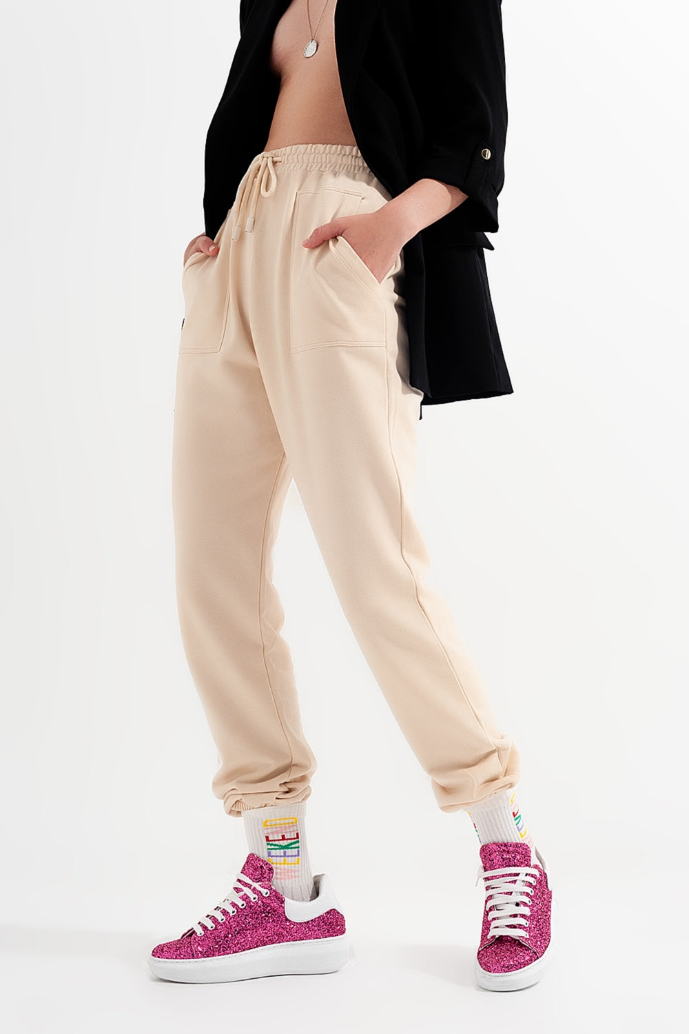 Pantalon de jogging avec bande élastique à la taille beige
