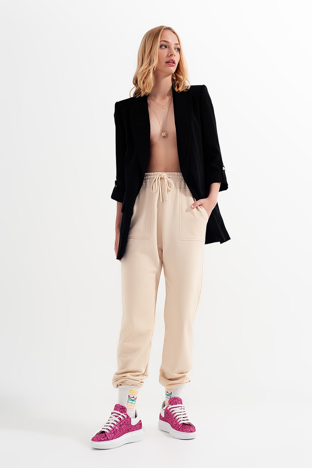 Pantalon de jogging avec bande élastique à la taille beige