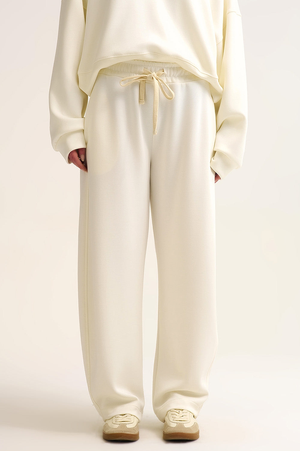 Q2 Pantalon de jogging en tricot super doux de couleur crème avec taille à cordon de serrage