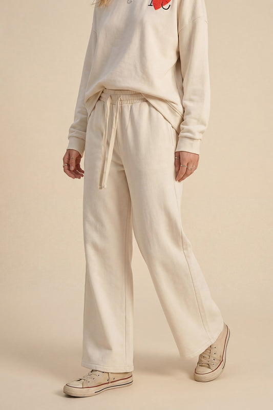 Q2 Pantalon de survêtement à coupe droite en tricot crème avec taille élastique et cravate