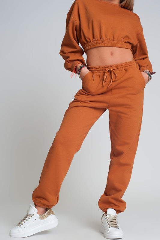 Q2 Pantalon de survêtement basique à taille nouée en coton camel
