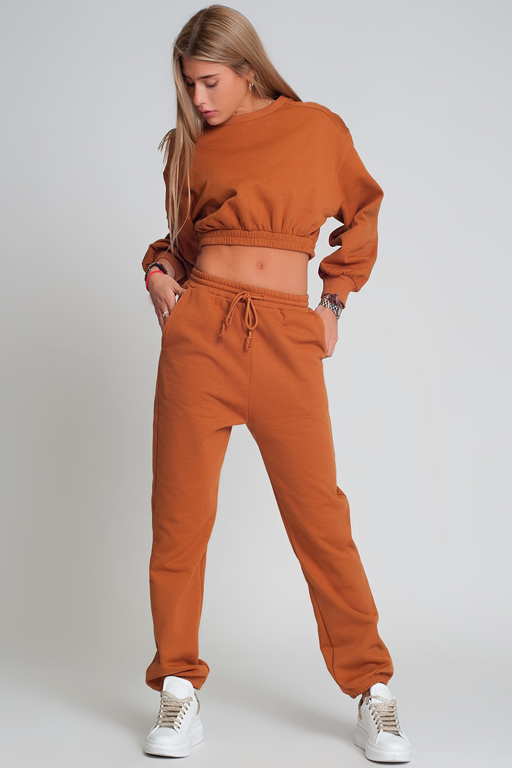 Pantalon de survêtement basique à taille nouée en coton camel