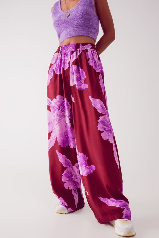 Q2 Pantalon droit à imprimé fleuri abstrait fuchsia