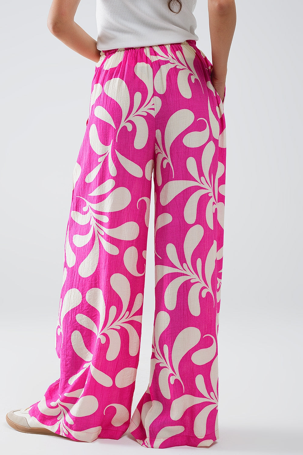 Pantalon droit à taille élastiquée imprimé floral fuchsia