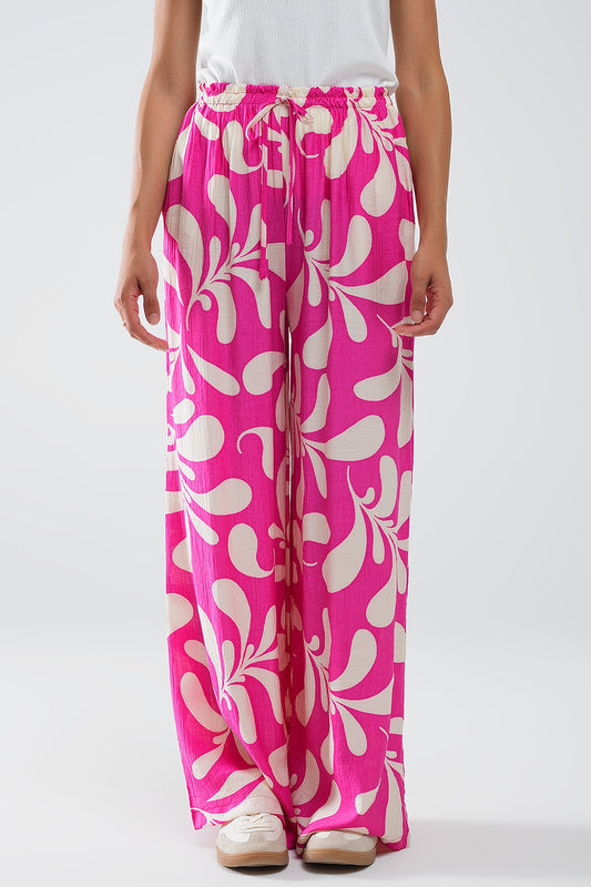 Q2 Pantalon droit à taille élastiquée imprimé floral fuchsia