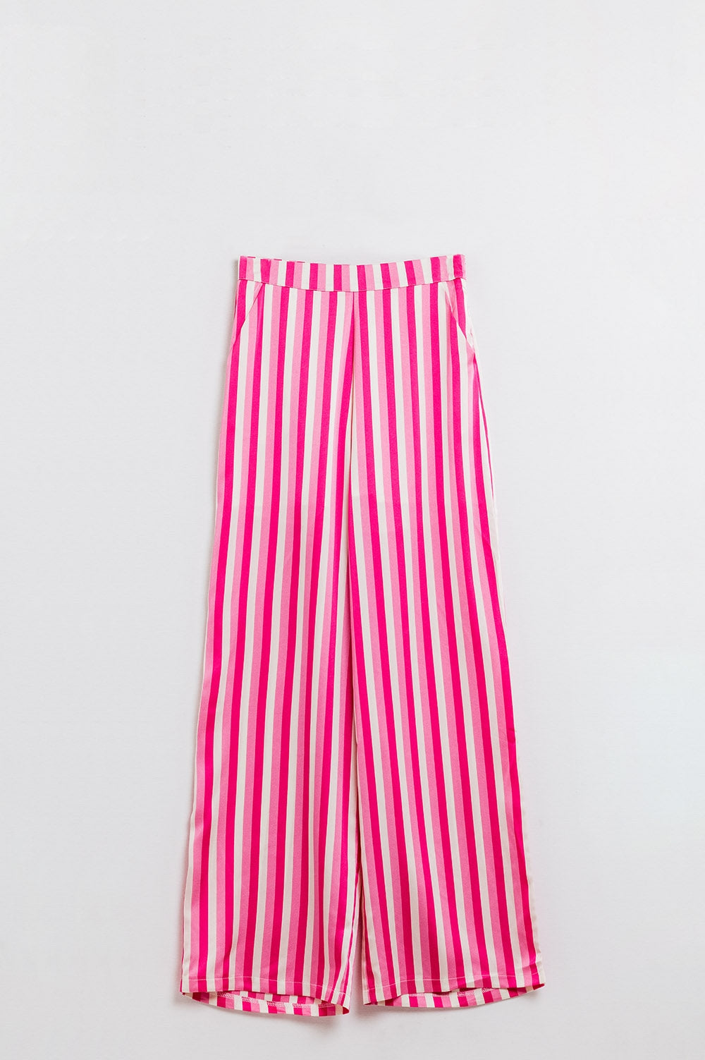 Pantalon droit en satin à rayures verticales rose