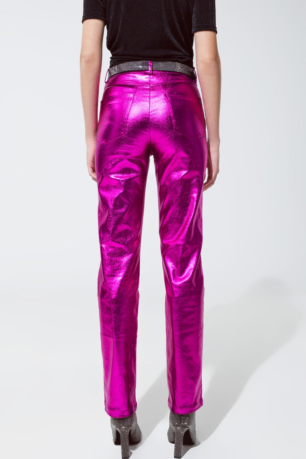 Pantalon droit métallisé Fuchsia