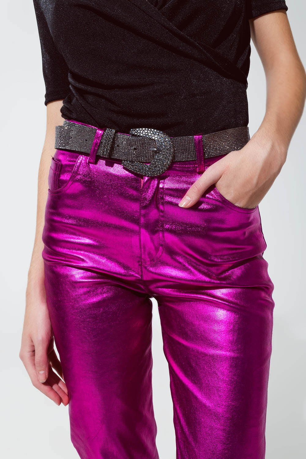 Pantalon droit métallisé Fuchsia