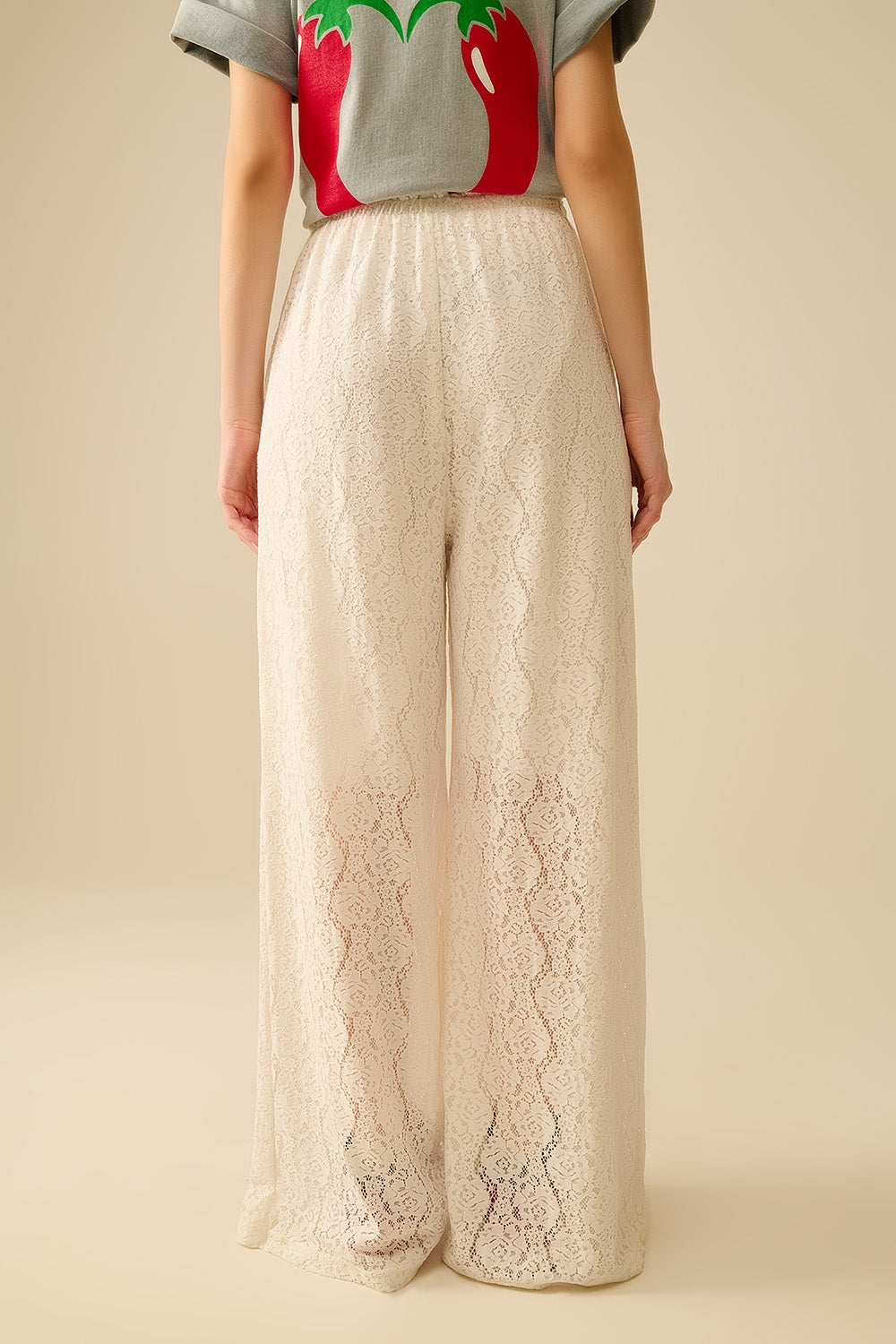 pantalon en dentelle à jambes larges avec ceinture élastique