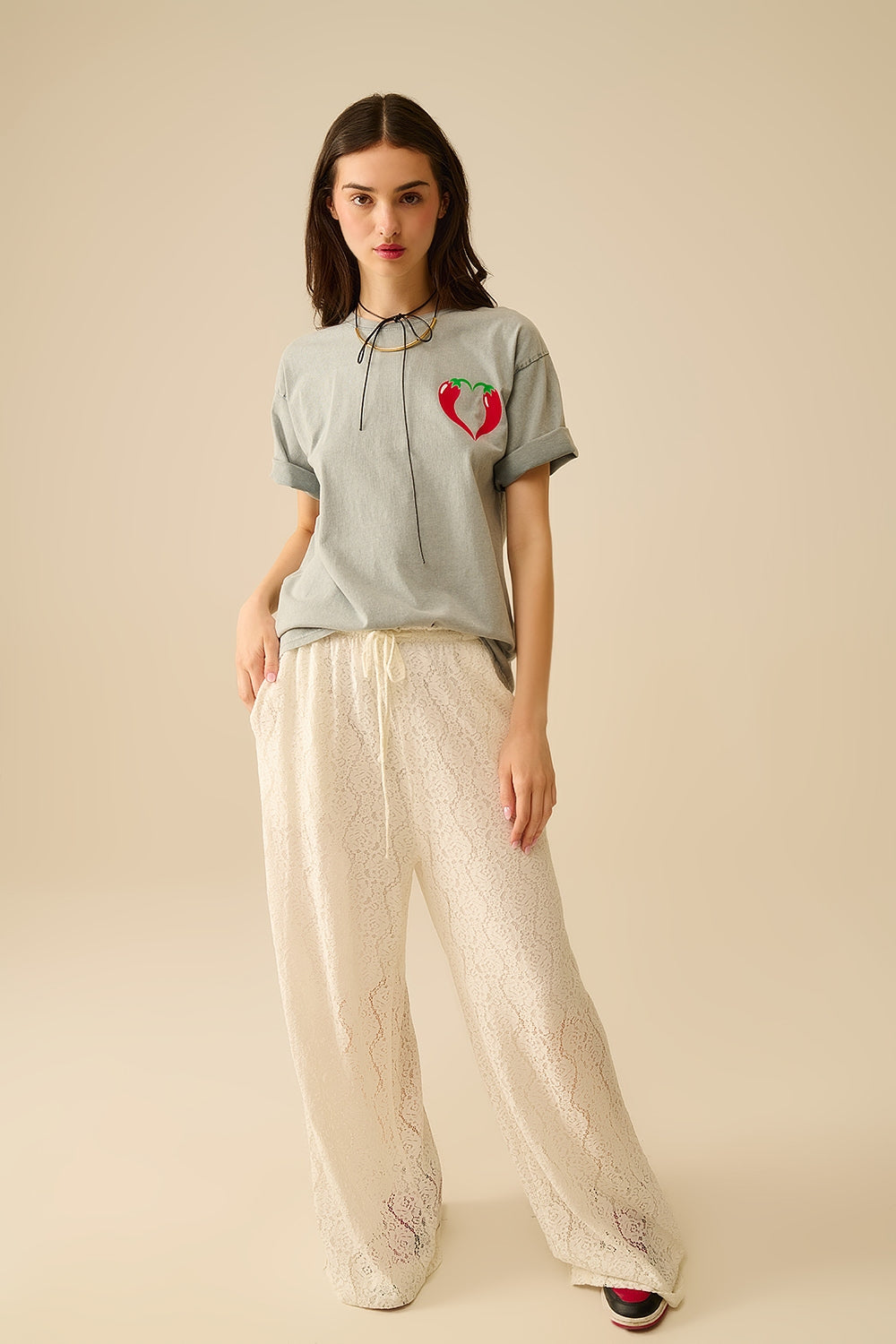 pantalon en dentelle à jambes larges avec ceinture élastique