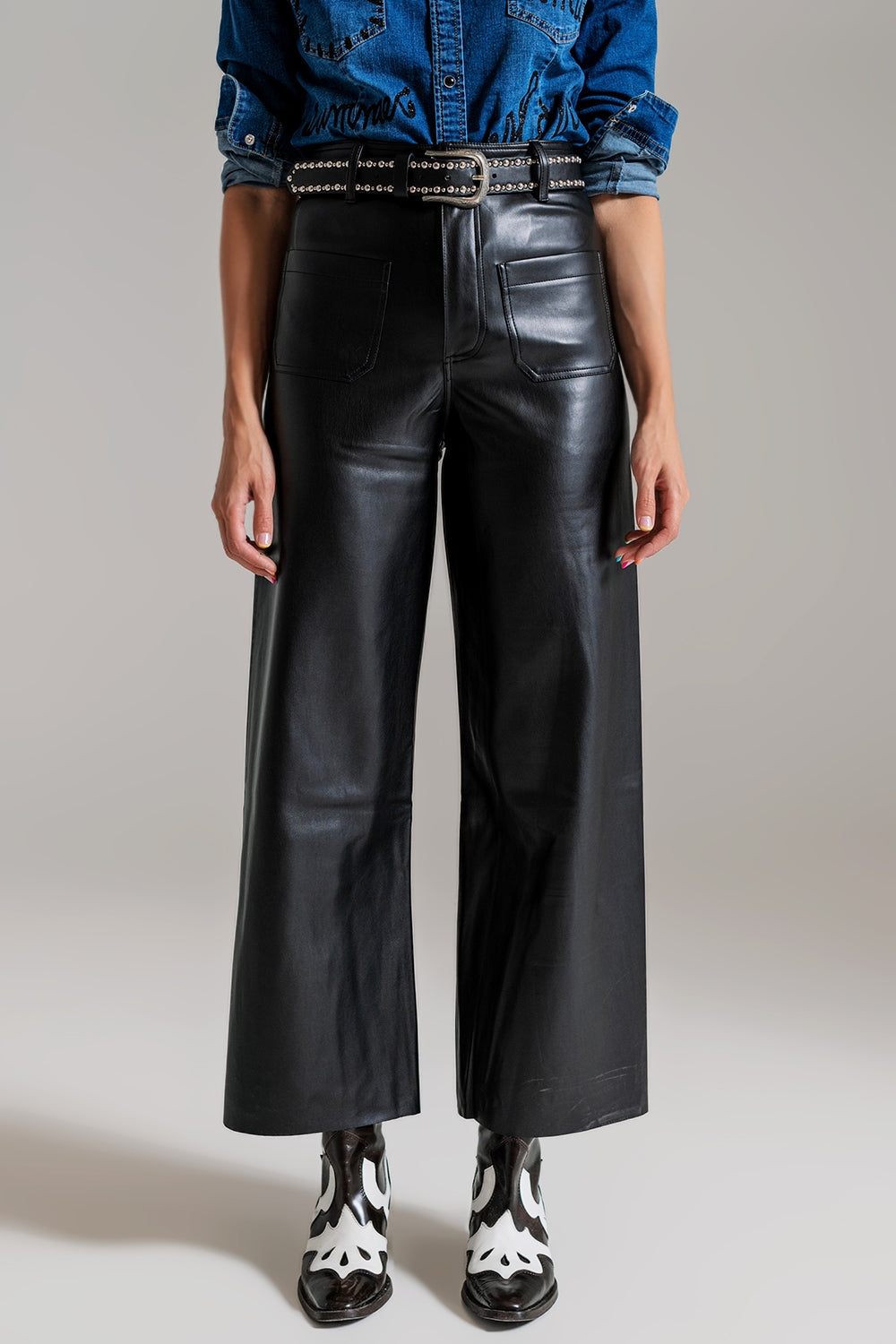 Q2 pantalon en similicuir noir de style palazzo avec détails de poches