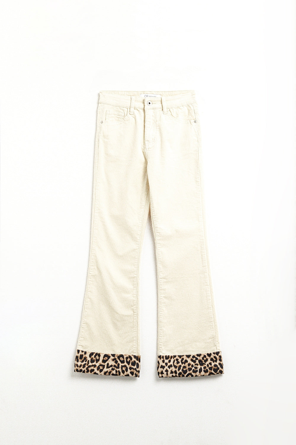 Q2 Pantalon évasé en velours côtelé beige clair avec imprimé léopard sur le bas