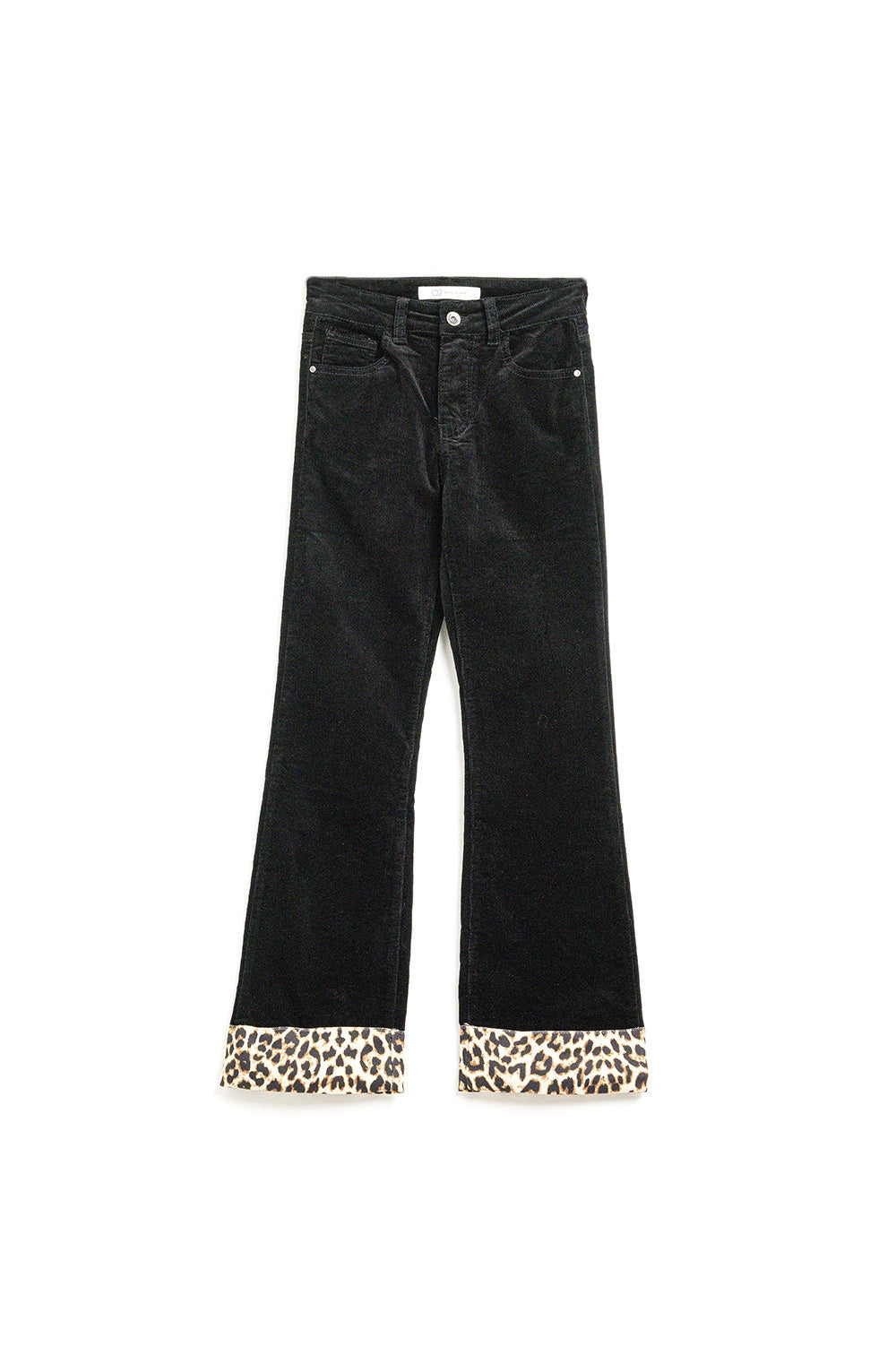 Q2 Pantalon évasé en velours côtelé noir avec imprimé léopard sur le bas