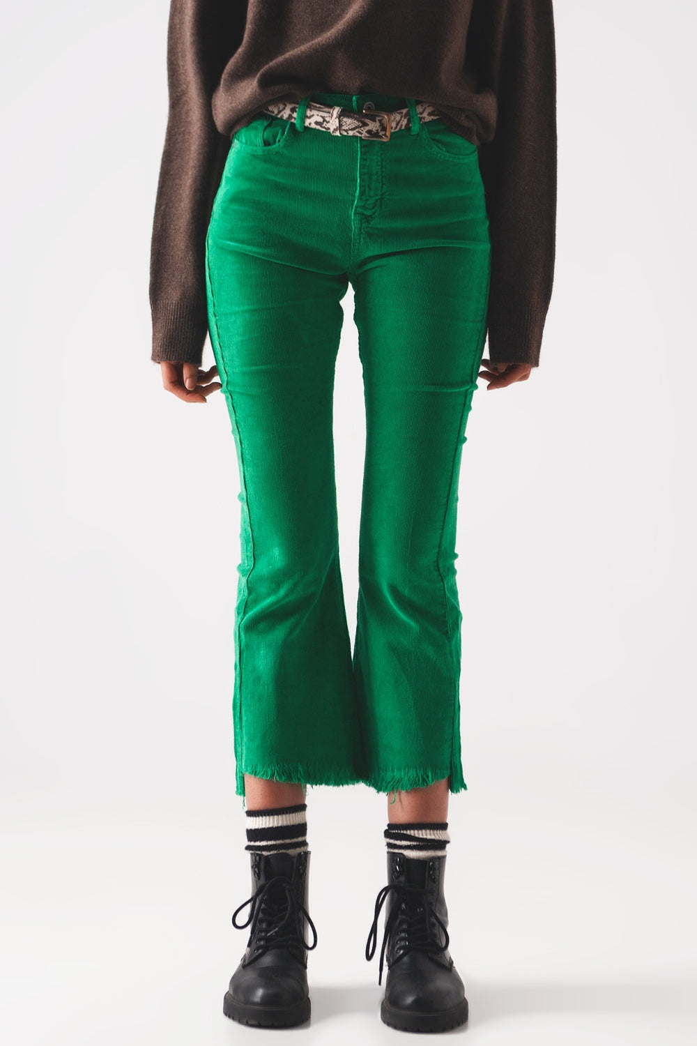Pantalon évasé en velours côtelé vert foncé