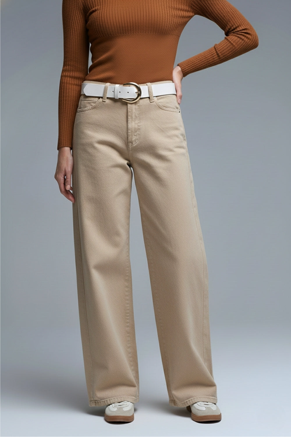 Q2 Pantalon extra large en beige lavé
