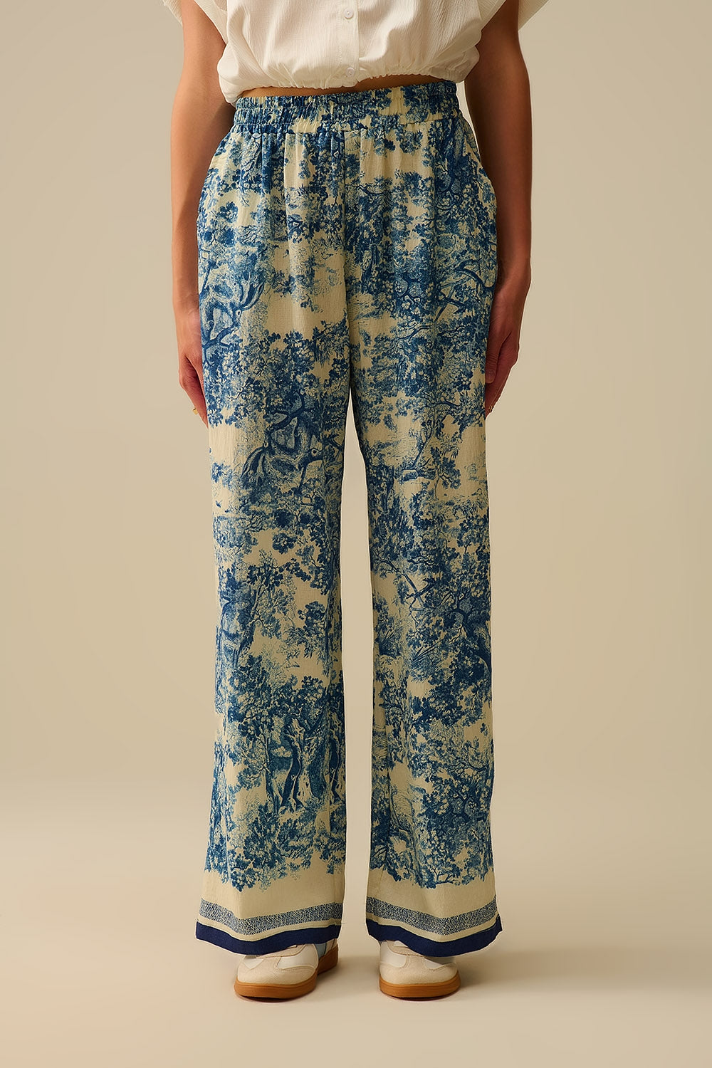 Q2 Pantalon fluide imprimé Toile de Jouy avec taille élastique