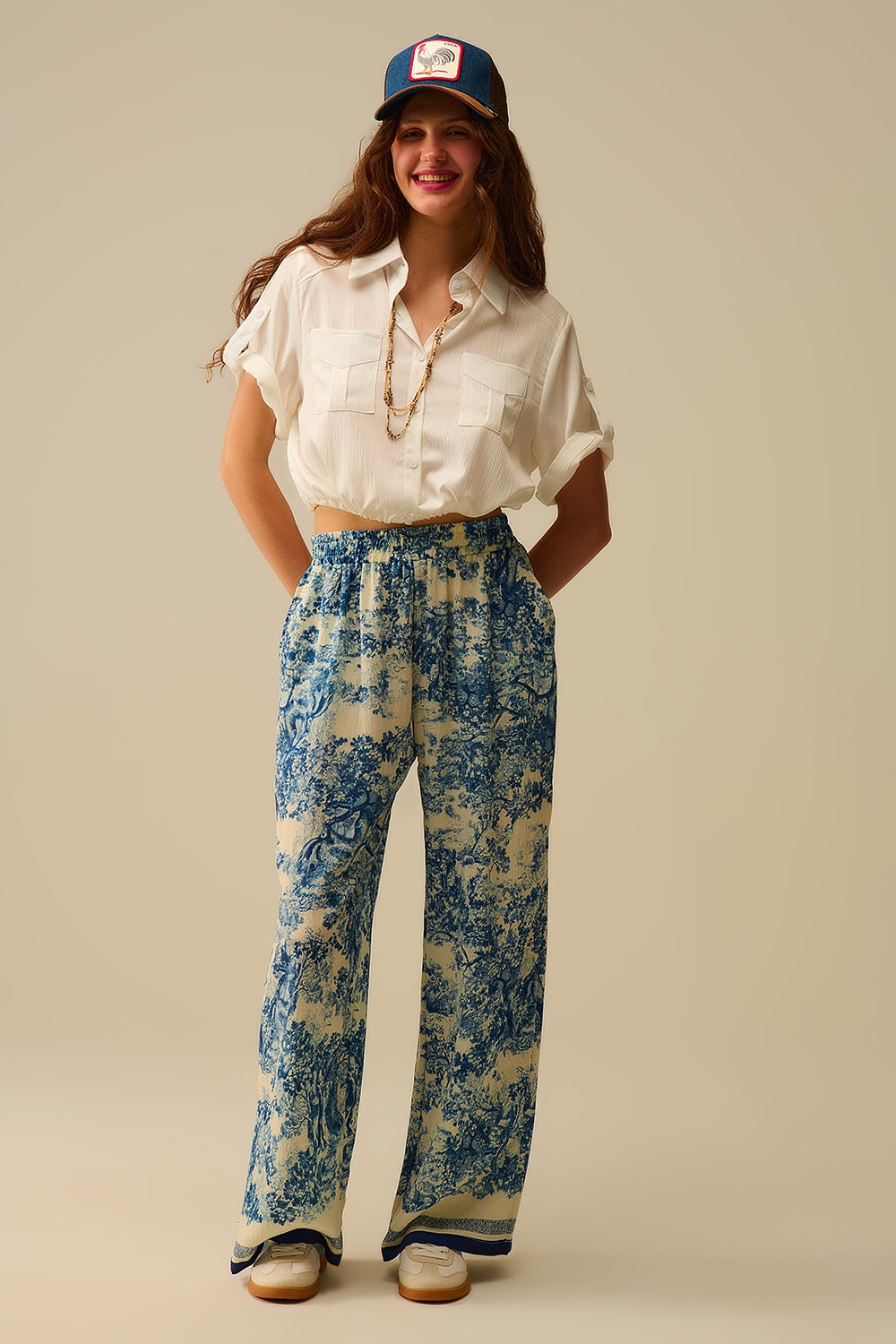 Pantalon fluide imprimé Toile de Jouy avec taille élastique