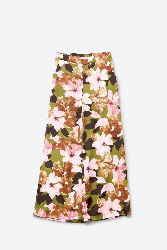 Q2 Pantalon large à fleurs tropicales multicolores en tissu satiné