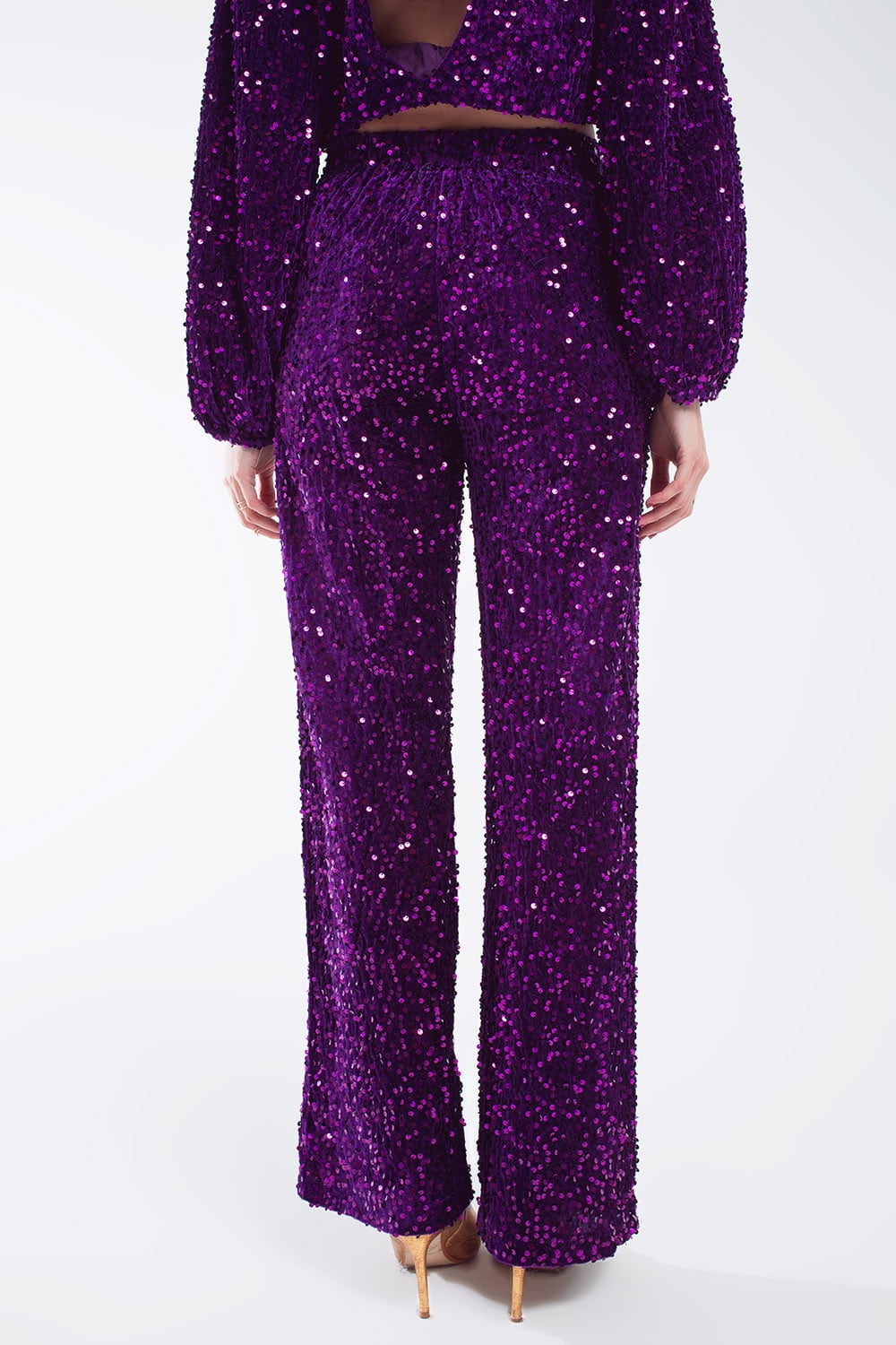 Pantalon large à paillettes avec poches latérales en violet