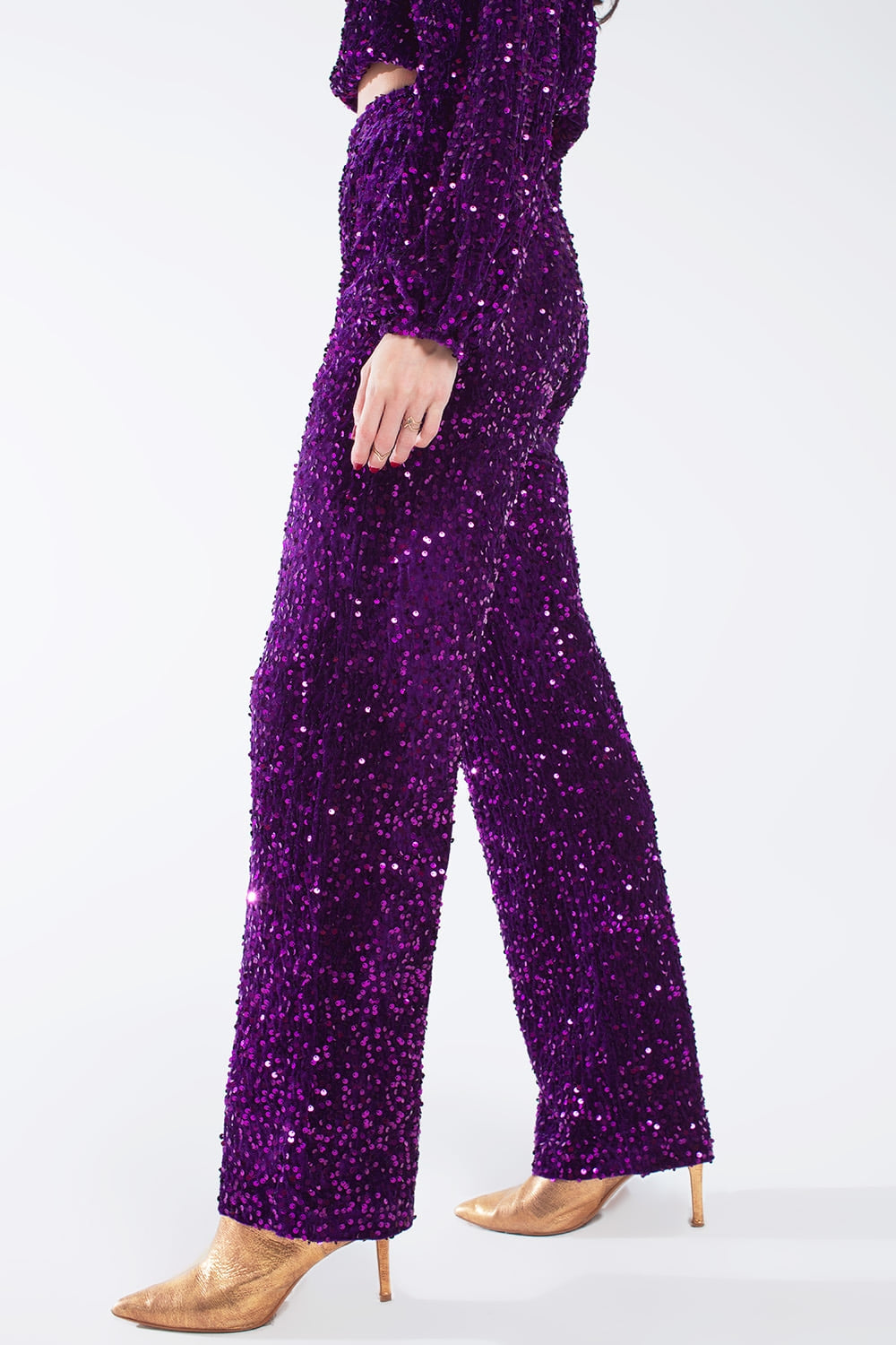 Pantalon large à paillettes avec poches latérales en violet