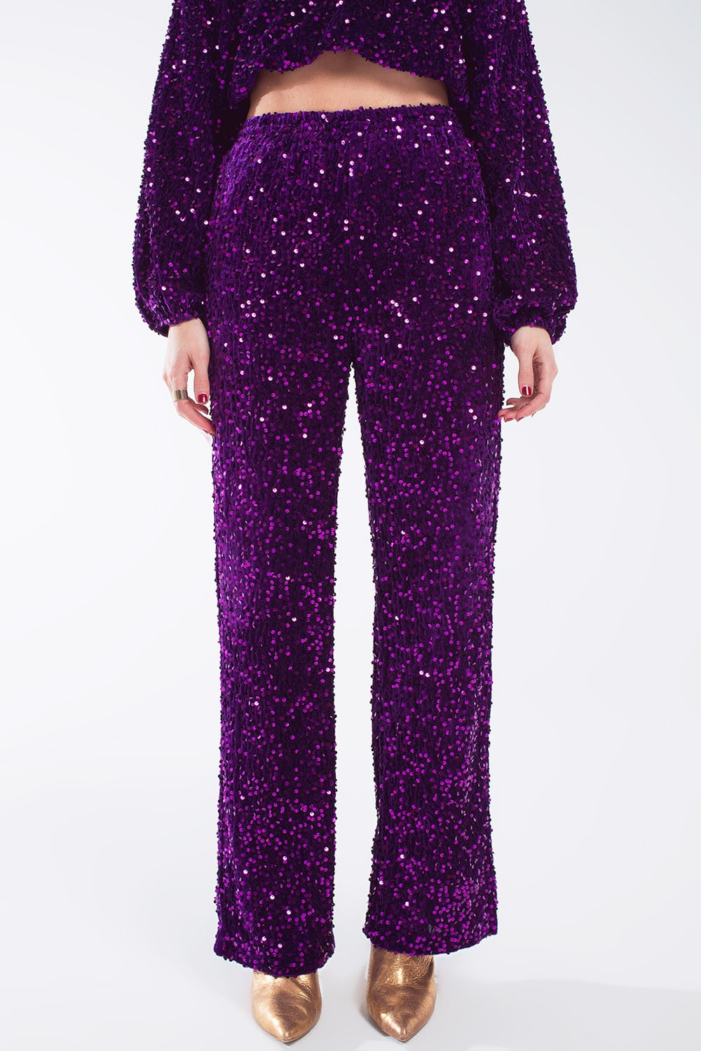 Q2 Pantalon large à paillettes avec poches latérales en violet