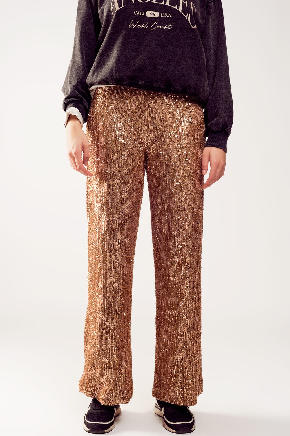 Q2 Pantalon large à paillettes en or