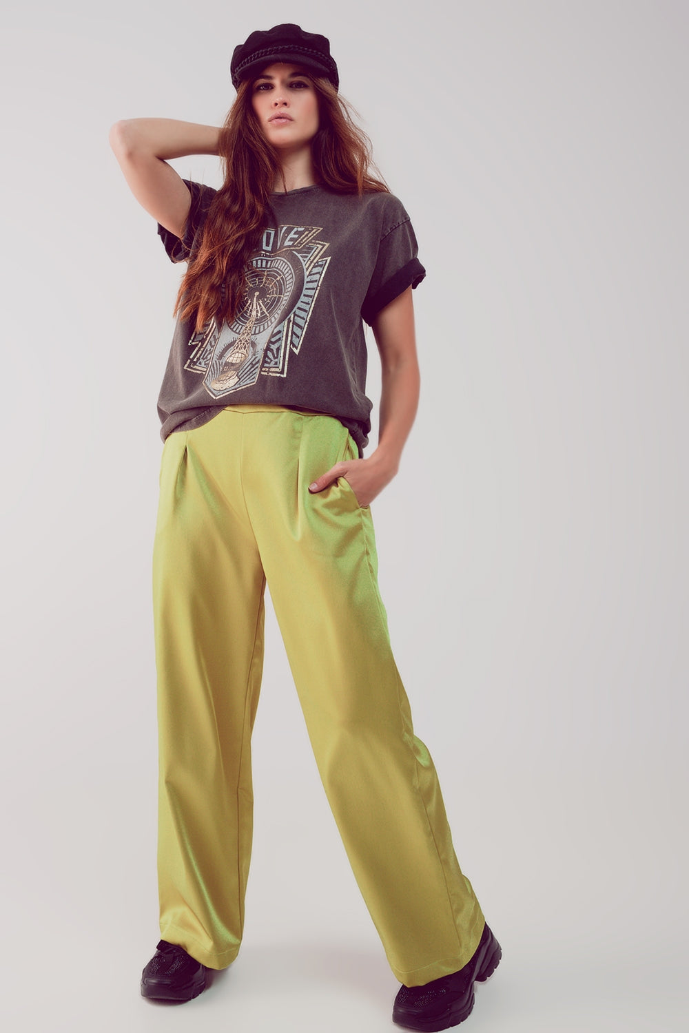 Pantalon large à pinces en satin citron vert