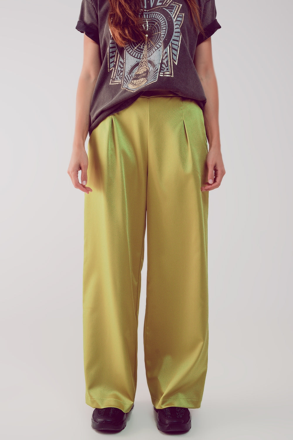 Pantalon large à pinces en satin citron vert