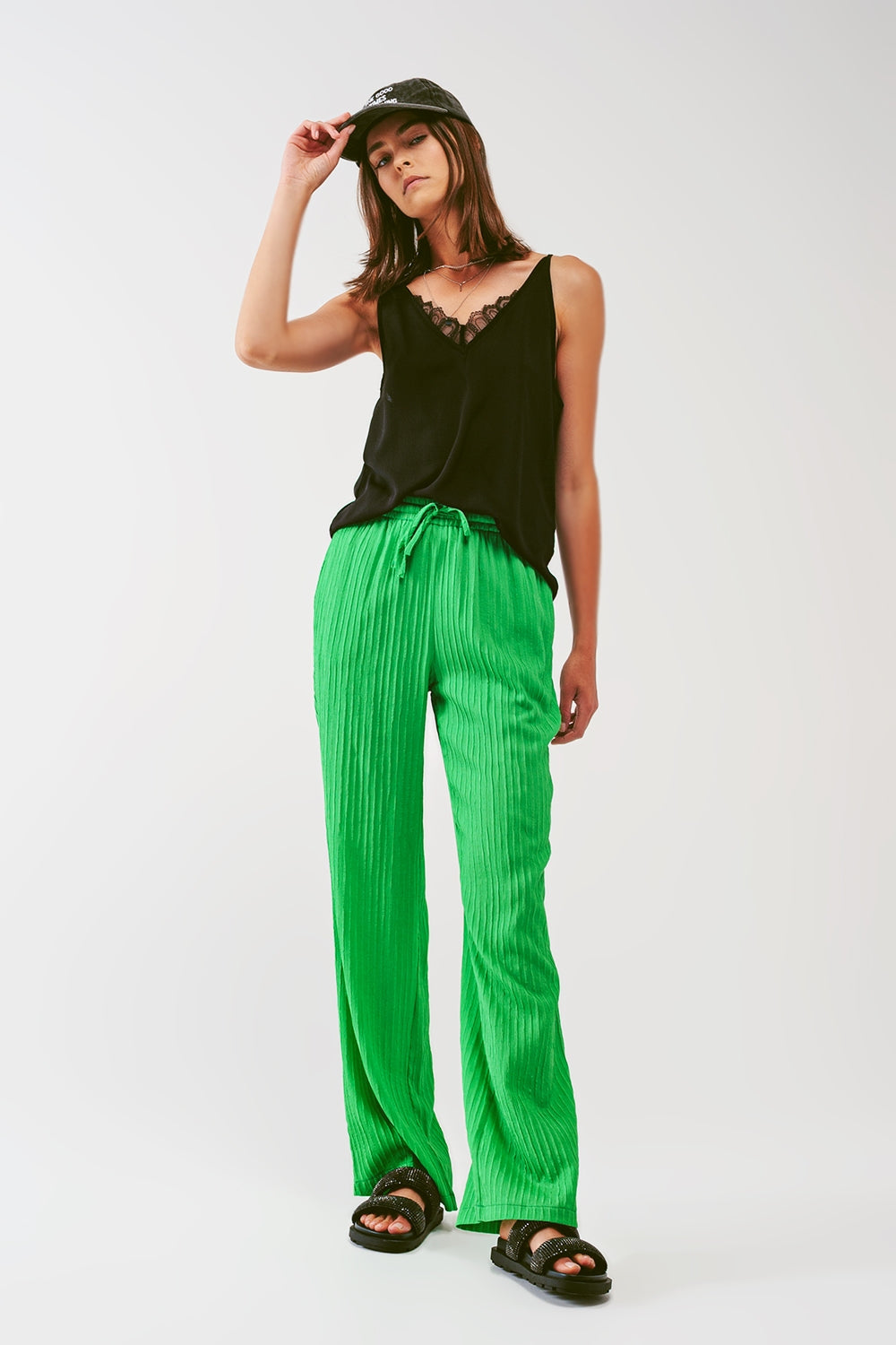 Pantalon large à rayures en vert