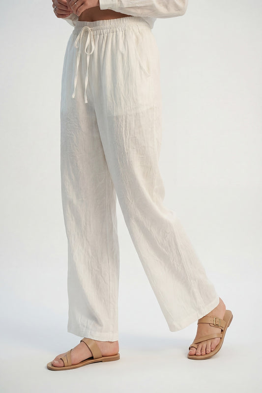 Q2 Pantalon large à taille élastique léger et froissé de couleur crème