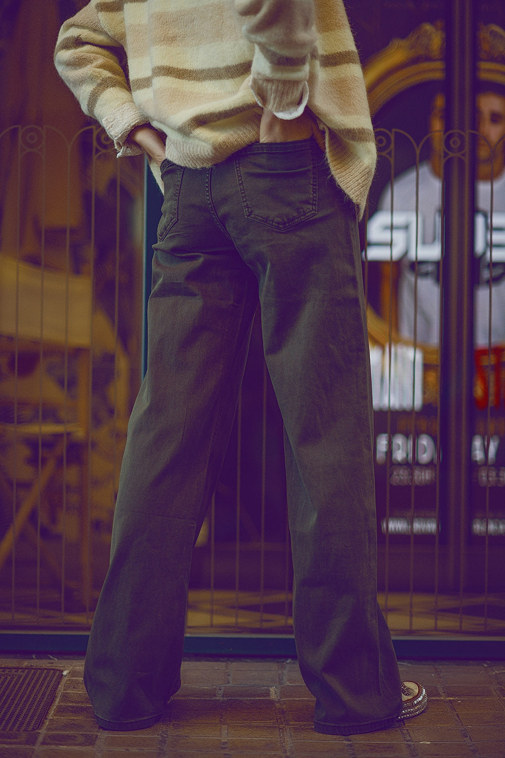 Pantalon large à taille haute vert militaire
