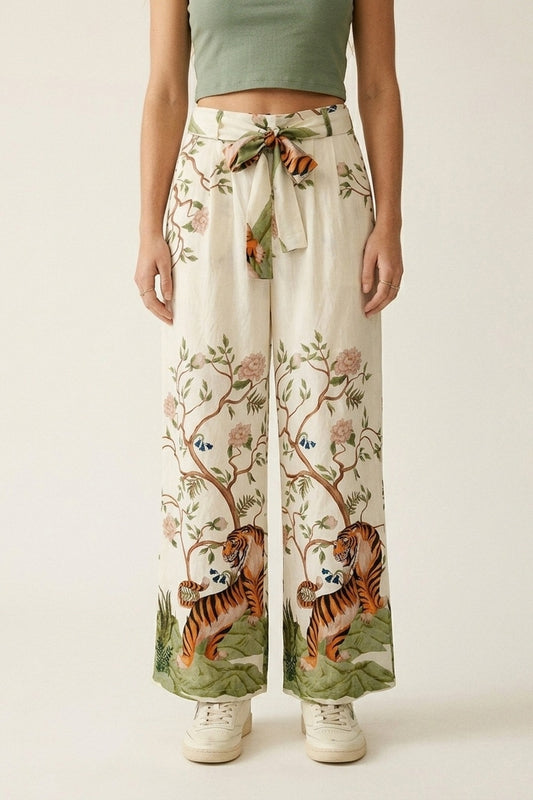 Q2 Pantalon large à taille nouée léger et tissé imprimé floral crème