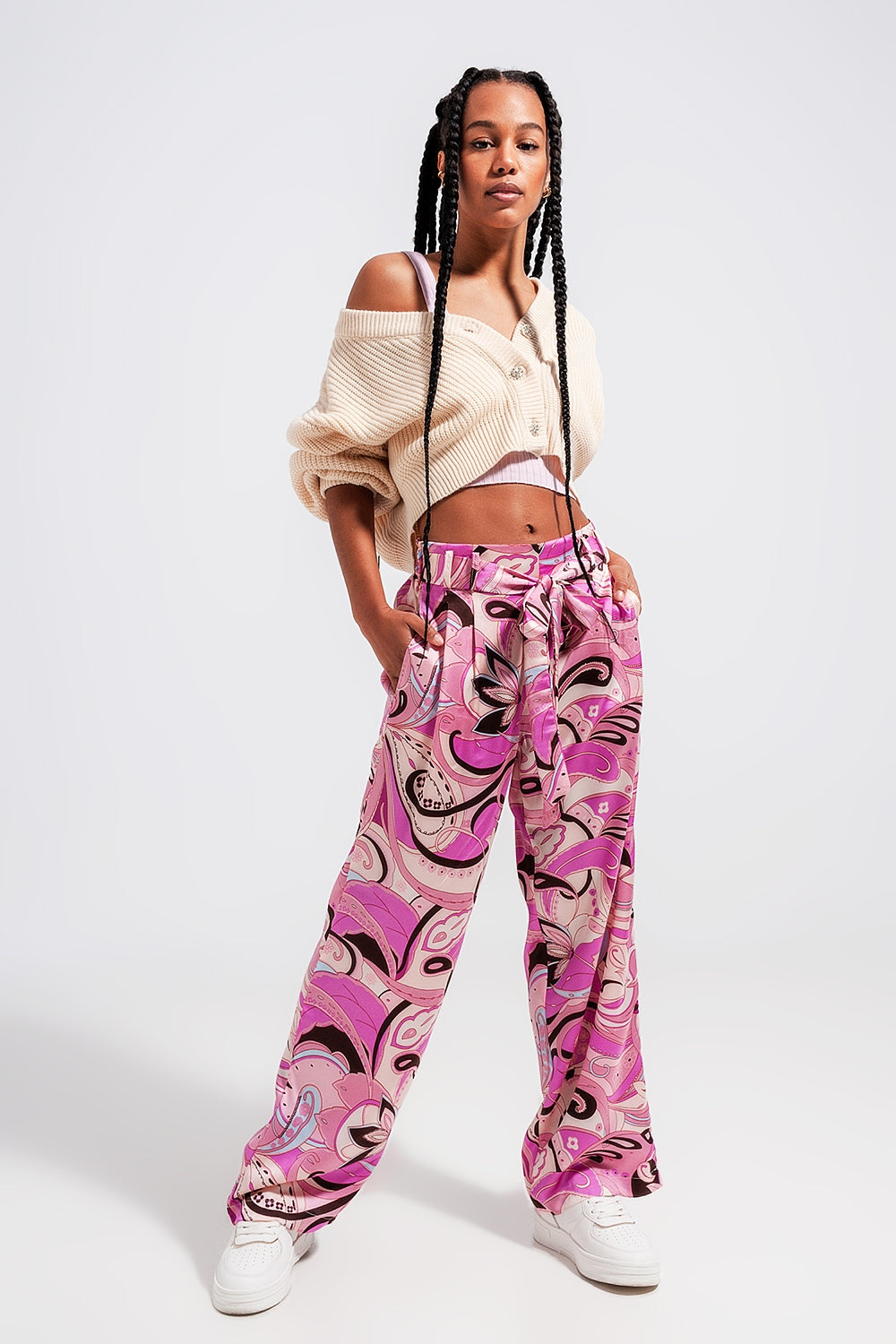 Pantalon large avec ceinture rose