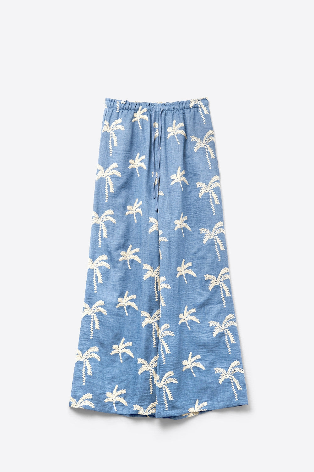 Pantalon large bleu avec broderie de palmier beige