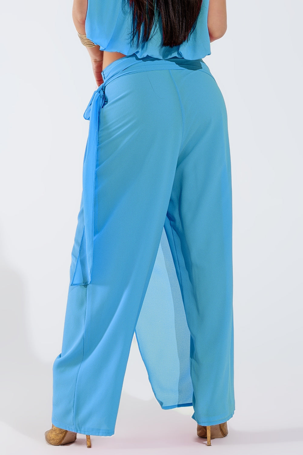 Pantalon large bleu clair Jupe superposée nouée sur le côté