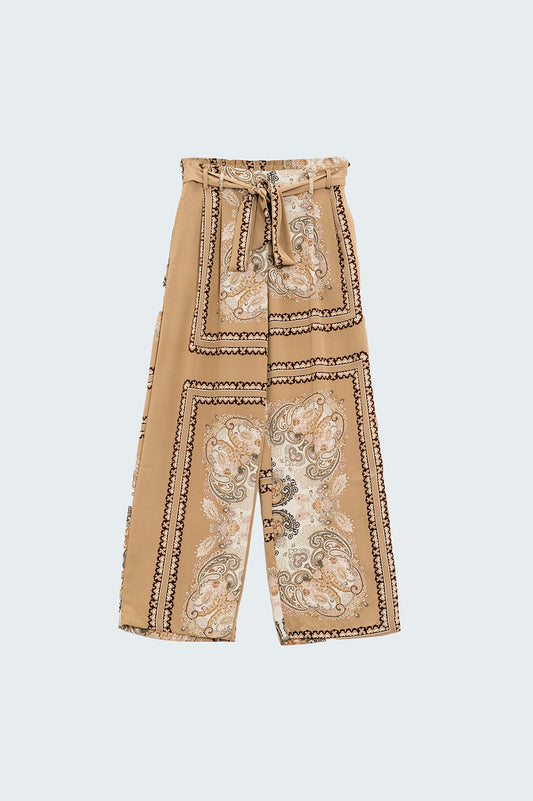 Q2 Pantalon large co-ord en imprimé paisley soyeux en beige