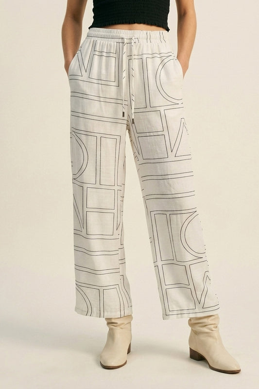 Q2 Pantalon large d'intérieur imprimé géométrique blanc