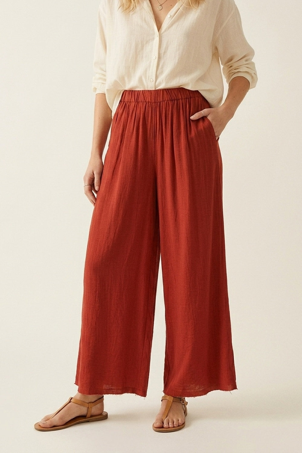 Q2 Pantalon Large Décontracté en Tissu Léger Terracotta