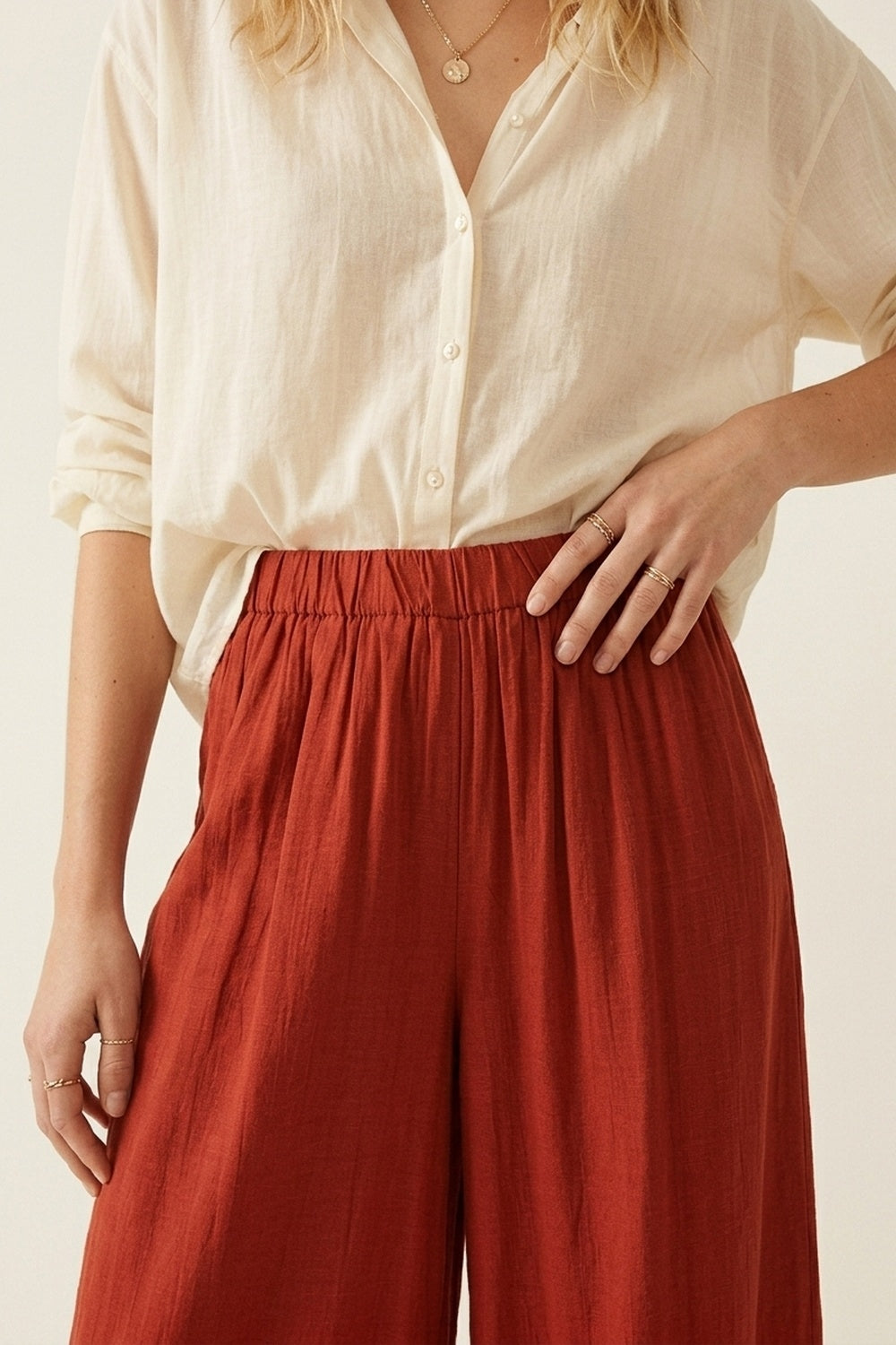 Pantalon Large Décontracté en Tissu Léger Terracotta