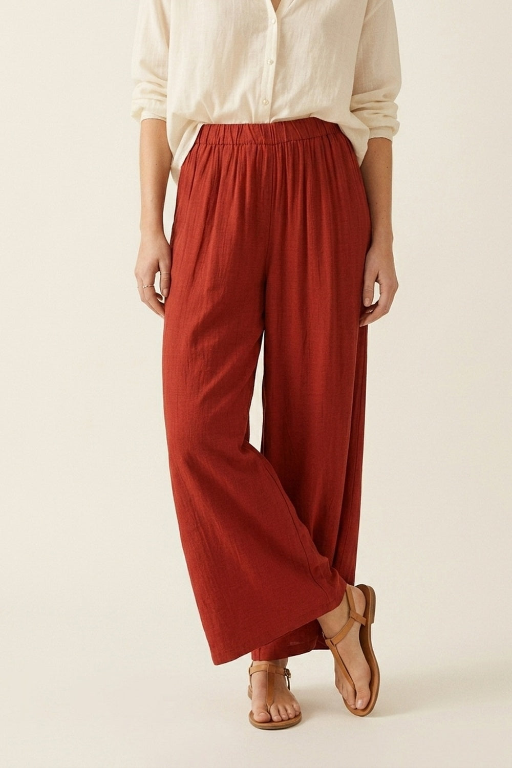 Pantalon Large Décontracté en Tissu Léger Terracotta