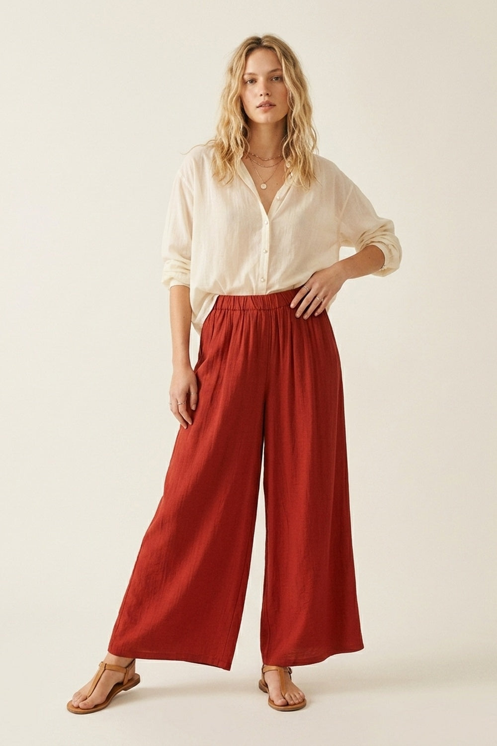 Pantalon Large Décontracté en Tissu Léger Terracotta