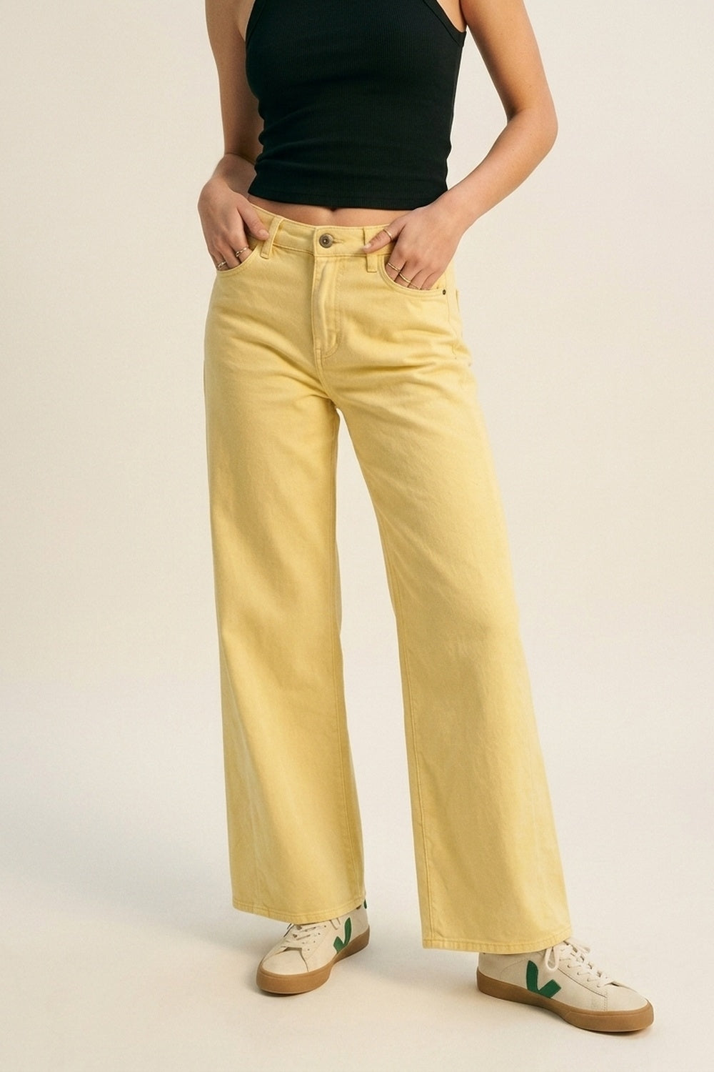 Q2 Pantalon large en coton à taille haute et longueur complète en jaune