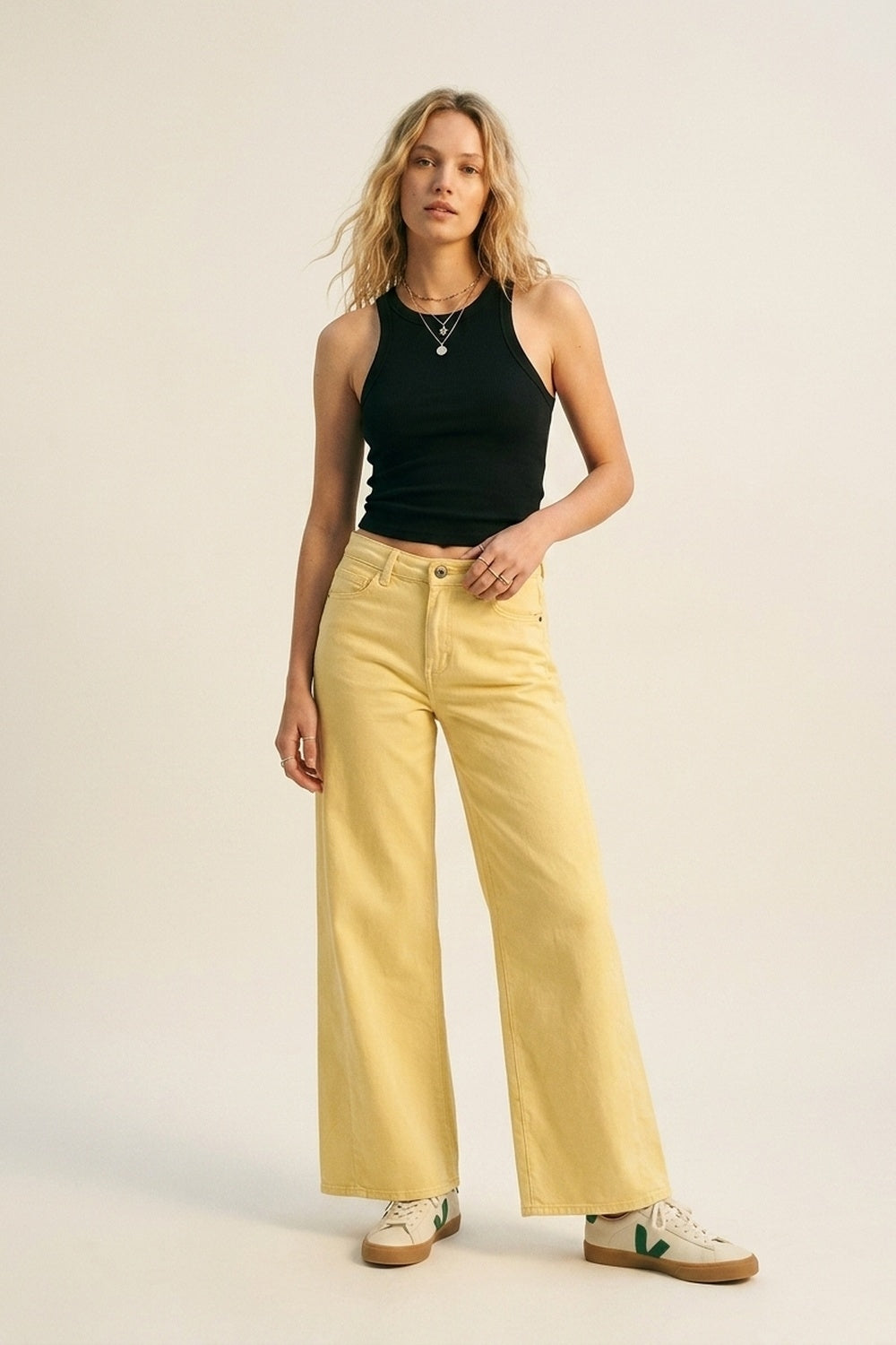 Pantalon large en coton à taille haute et longueur complète en jaune