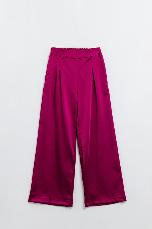 Q2 Pantalon large en satin taille haute framboise